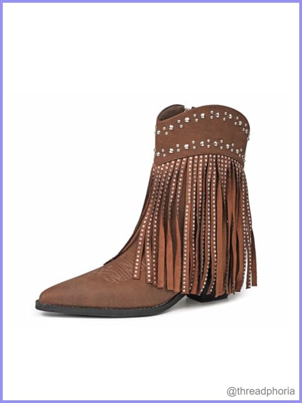 Western Ankle Boots Pointed Toe Fringe Rhinestone Side Zipper